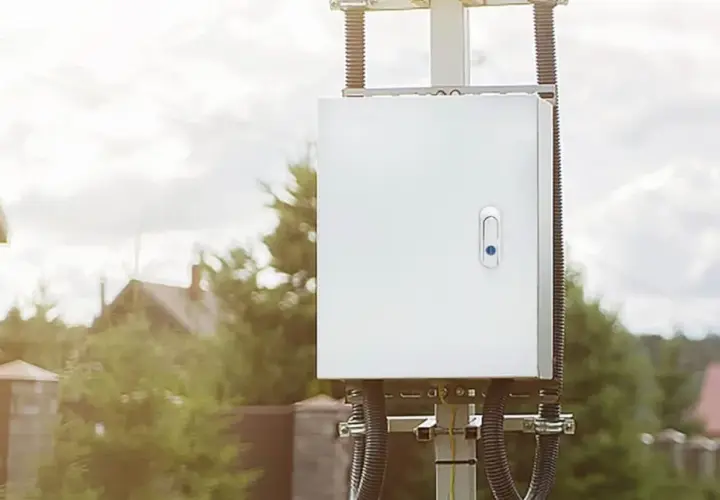 Caja blanca con cierre azul, montada en poste. Su diseño IP44 es para exterior, protegiendo equipos en jardines o patios.