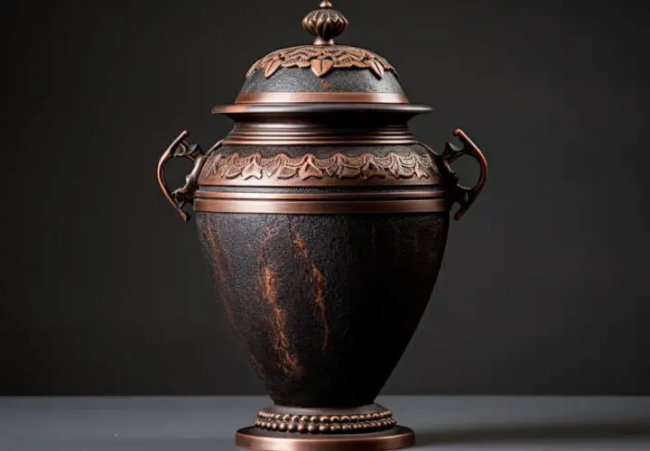 Elegancka urna, w której spoczywają prochy po kremacji, ozdobiona miedzianymi detalami i ornamentami.