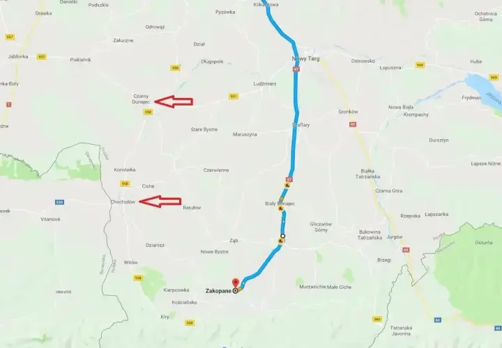 Trasa Kraków - Zakopane, z zaznaczonymi Czarnym Dunajcem i Chochołowem.