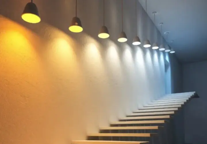 Escalera con luces colgantes que crean un degradado de luz y color, desde cálido hasta frío, iluminando la pared texturizada.