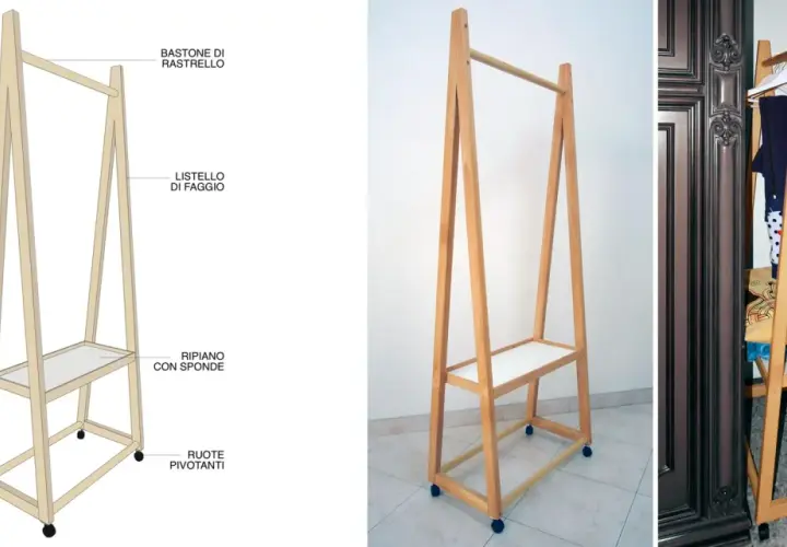 Appendiabiti fai da te in legno con rotelle, ripiano e barra appendiabiti. Ideale per organizzare vestiti e accessori.