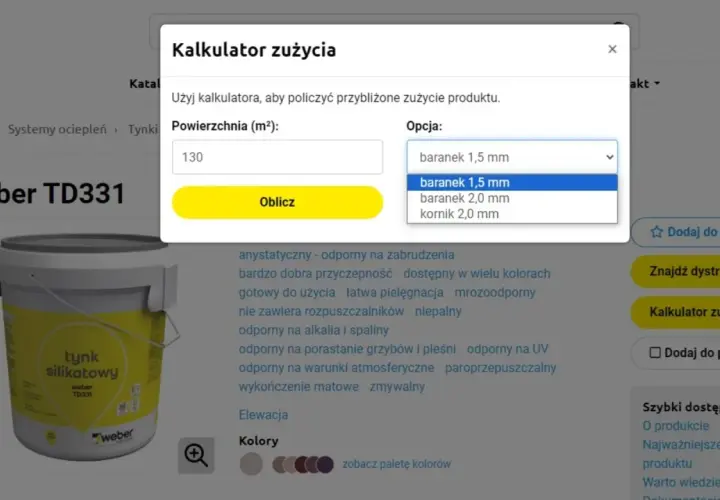 Kalkulator zużycia: podaj powierzchnię (m²) i wybierz opcję, by sprawdzić, ile materiału potrzebujesz.