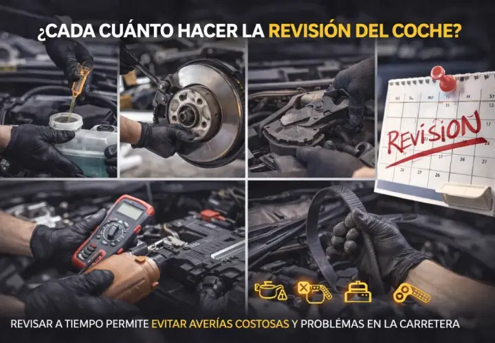 Mecánico realiza mantenimiento de motores, revisando frenos, fluidos y correa. Calendario marca "Revisión".