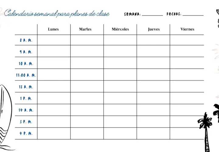 Calendario para rellenar con horas y días de la semana, decorado con dibujos de surf y flores.