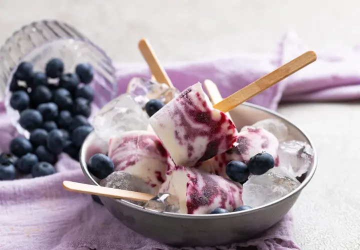 Gelato con yogurt greco e mirtilli, servito in una ciotola con ghiaccio e mirtilli freschi.