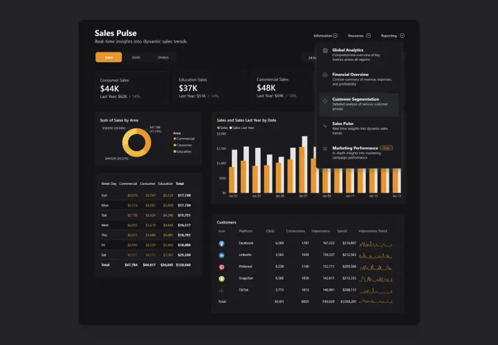 Un powerbi dashboard che mostra le vendite per area, per giorno e per piattaforma, con un focus su "Sales Pulse" per analisi in tempo reale.