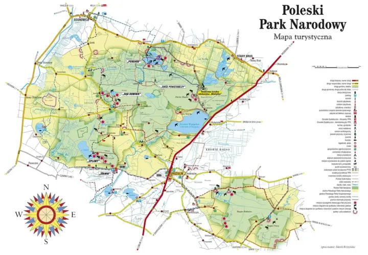 Mapa turystyczna Poleskiego Parku Narodowego z zaznaczonymi szlakami, jeziorami i miejscowościami. Idealna do planowania wycieczki z psem po Polesiu.