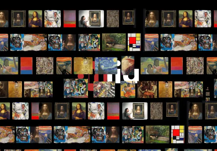 Collage aus berühmten Gemälden wie Mona Lisa, Der Schrei und Sternennacht.
