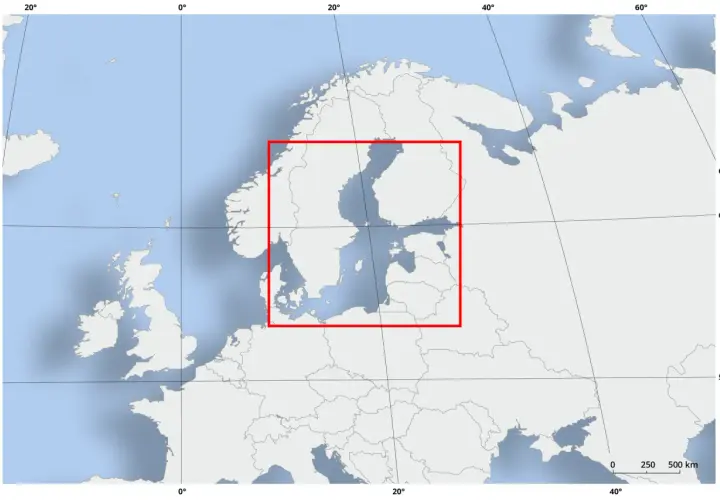 Mapa Europy Północnej z zaznaczonym obszarem Morza Bałtyckiego. Pokazuje, czy Norwegia ma dostęp do Morza Bałtyckiego.