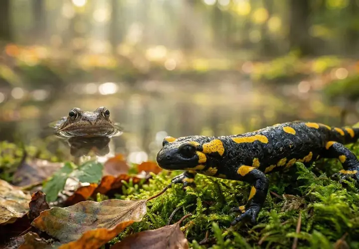 Żywy salamander plamisty i żaba w wodzie, typowe płazy w Polsce, w jesiennym lesie.