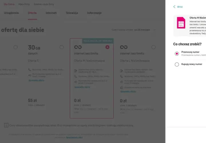 Przenoszę numer telefonu od innego operatora telekomunikacyjnego do T-Mobile. Wybieram ofertę M Nielimitowana.