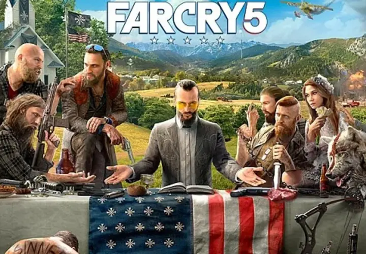 Rodzina Seedów przy stole, z psem i bronią. Sprawdź far cry 5 wymagania, by dołączyć do walki o Hope County.