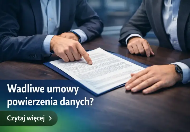 Dwóch mężczyzn w garniturach analizuje umowę powierzenia przetwarzania danych osobowych. Czytaj więcej.