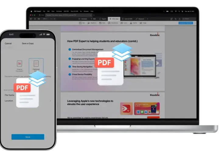 Ikona PDF na ekranie telefonu i laptopa z dokumentem.