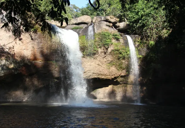 Zwei Wasserfälle stürzen in Khao Yai in einen dunklen Pool. Üppige Vegetation umgibt die Felsen.