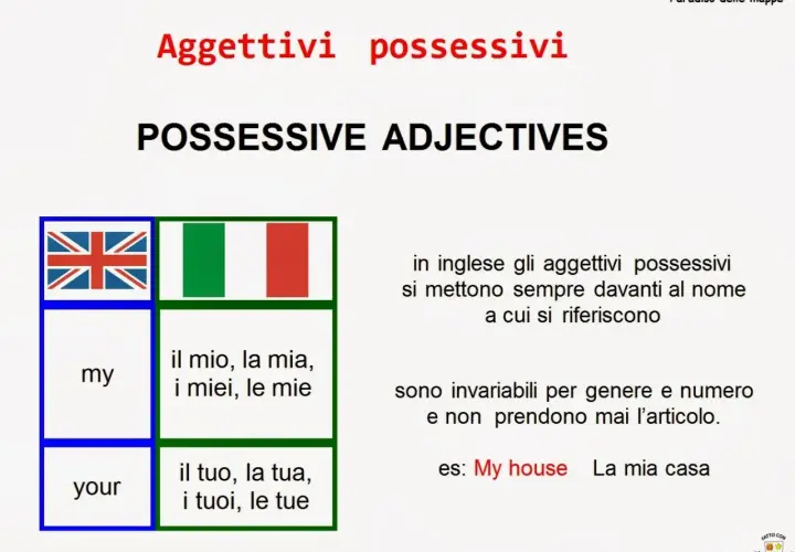 Impara quali sono gli aggettivi possessivi in inglese: "my" e "your", con esempi e traduzioni.