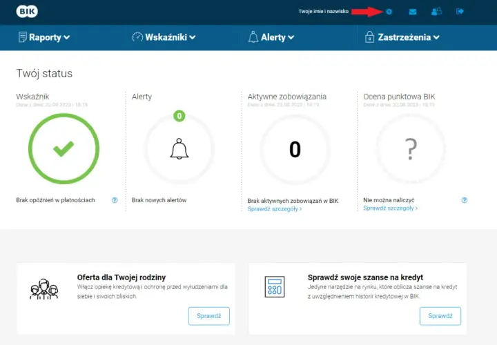 Panel BIK z informacjami o statusie: brak opóźnień, alertów, zobowiązań i oceny punktowej.