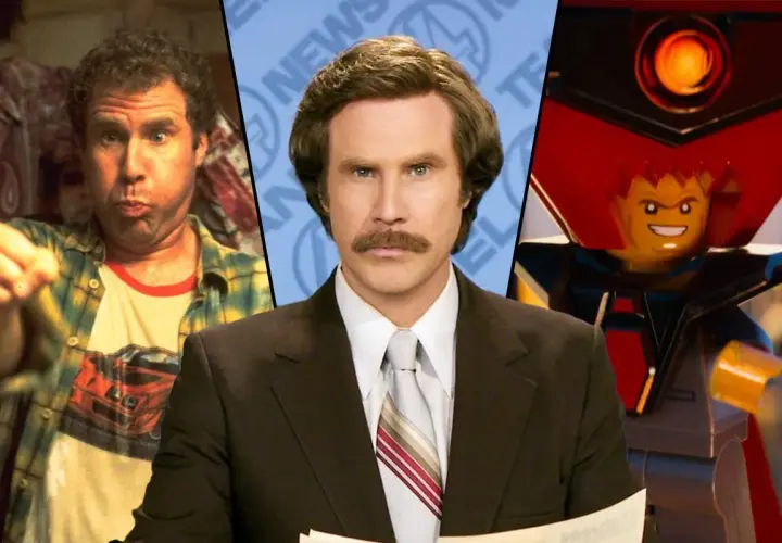 Will Ferrell i tre olika roller: en avslappnad man, nyhetsankaret Ron Burgundy och en Lego-figur.