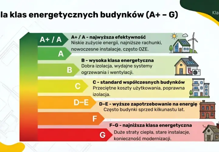 Skala klas energetycznych budynków od A+ do G. Najlepsze budynki mają A+, zużywają mało energii. Najgorsze, klasy F-G, mają duże straty ciepła.