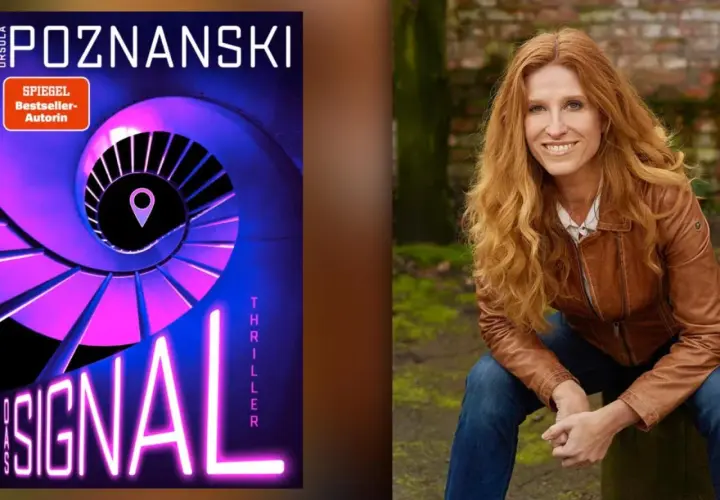 Ursula Poznanski, Autorin des Thrillers "Das Signal", mit roten Haaren und brauner Lederjacke.