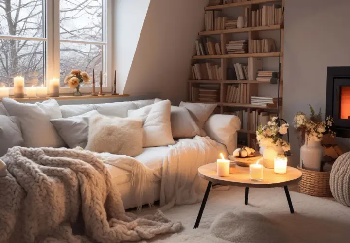 Un salon douillet, avec un canapé blanc moelleux, une couverture épaisse, des bougies allumées et un feu de cheminée. Ambiance style cocooning parfaite pour l'hiver.