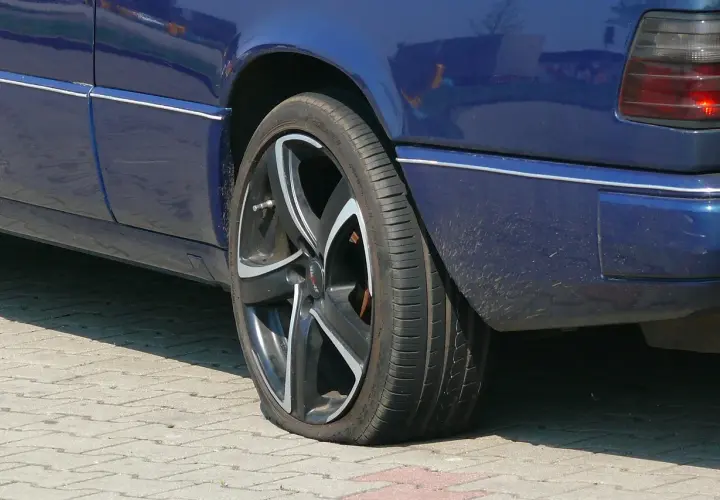 Pneu à plat sur une voiture bleue. Une situation qui pourrait compliquer un recours achat voiture particulier.