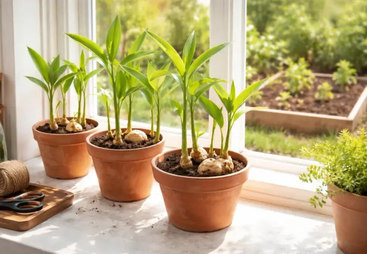 Junge Ingwerpflanzen in Terrakotta-Töpfen auf einer Fensterbank. Im Hintergrund ein Gartenbeet.
