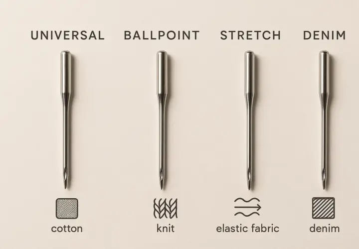 Four sewing machine needles: Universal, Ballpoint, Stretch, and Denim. Each is shown with an icon representing the fabric it's best for.