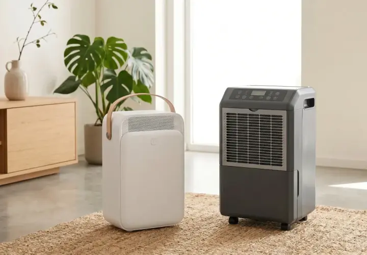 Dos tipos de deshumidificador, uno blanco y portátil, otro gris con ruedas, en una sala de estar moderna.
