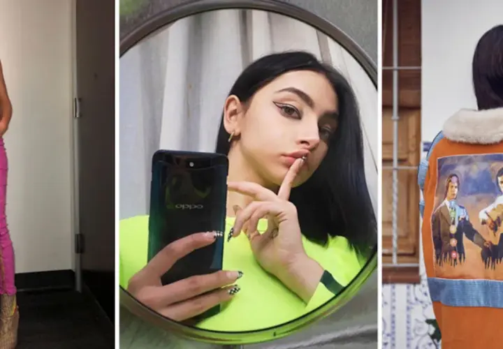 Choni con estilo: look atrevido con top verde y pantalones rosas de cordones, selfie en espejo y chaqueta con estampado artístico.