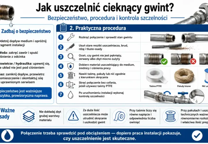 Porównanie taśmy teflonowej i pakuł lnianych do uszczelniania gwintów. Wybierz odpowiedni materiał i technikę, by uniknąć przecieków.