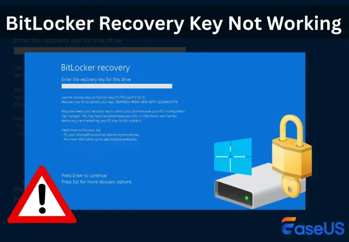 Ekran odzyskiwania BitLocker, gdy klucz nie działa. Widoczny dysk z kłódką i kluczem, symbol Windows oraz ostrzeżenie.