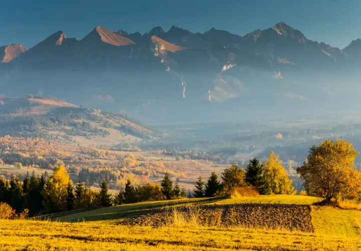 Jesienny krajobraz z widokiem na Tatry, mgła otula doliny, a złote pola i drzewa tworzą malowniczą scenerię w okolicach Zakopanego i Niedzicy.