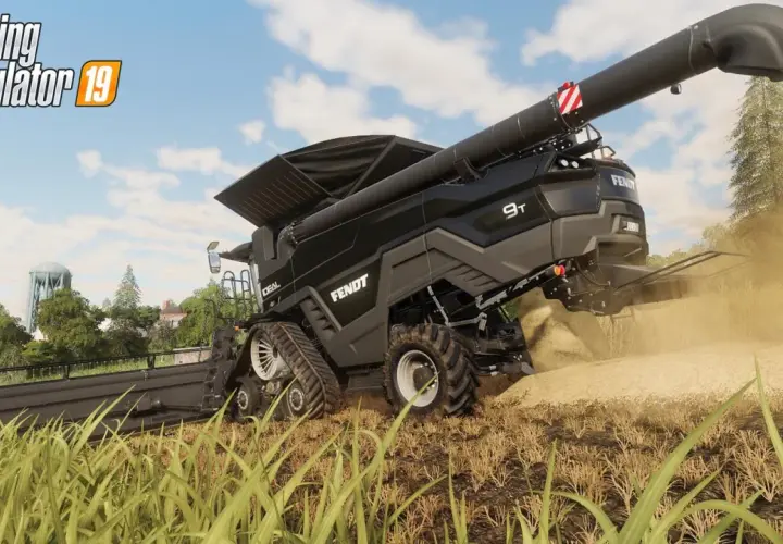 Une moissonneuse Fendt 9T travaille dans un champ, soulevant de la poussière. Le logo "Farming Simulator 19" est visible.