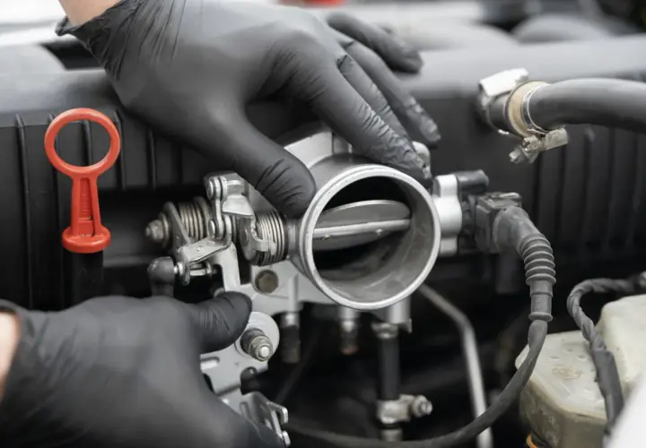 Mechanik w czarnych rękawiczkach sprawdza przepustnicę. Objawy awarii mogą być różne, od nierównej pracy silnika po problemy z przyspieszeniem.
