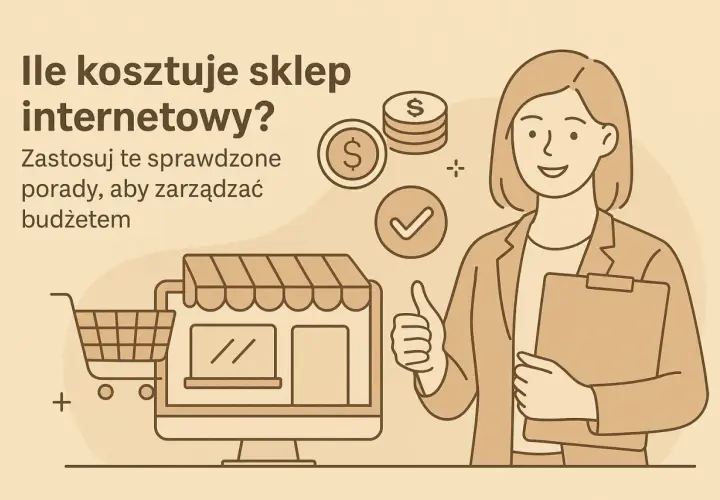 Koszty sklepu internetowego: grafika pokazuje komputer z wózkiem sklepowym, monety i kobietę z kciukiem w górę.