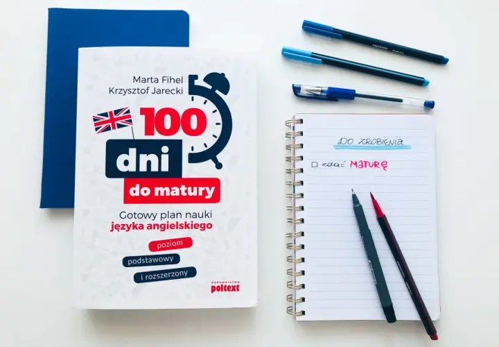 Książka "100 dni do matury" z języka angielskiego, notatnik z listą zadań i długopisy. Idealny zestaw do nauki angielskiego w miesiąc.