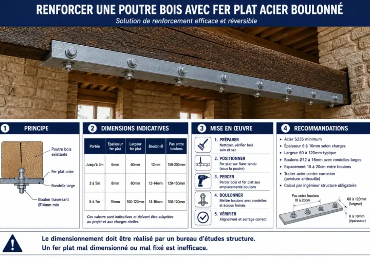 Fixation poutre bois sur mur avec fer plat acier boulonné, renforçant la structure.
