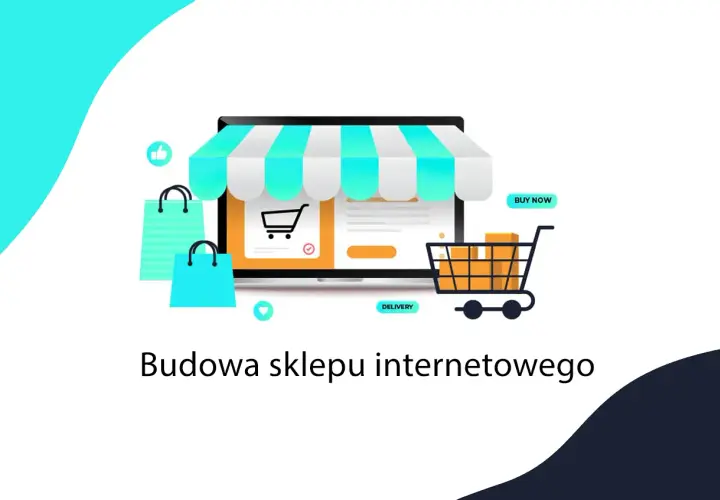 Grafika ilustruje budowę sklepu internetowego: ekran komputera z markizą, koszyk z zakupami, torby i przyciski "Buy Now" oraz "Delivery".