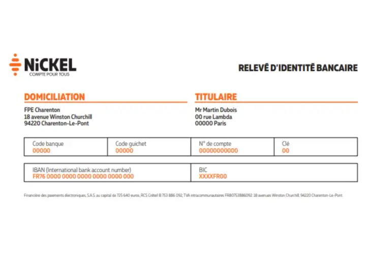 Relevé d'identité bancaire Nickel. La domiciliation bancaire, c'est quoi ? Voici les informations pour le compte de Mr Martin Dubois.