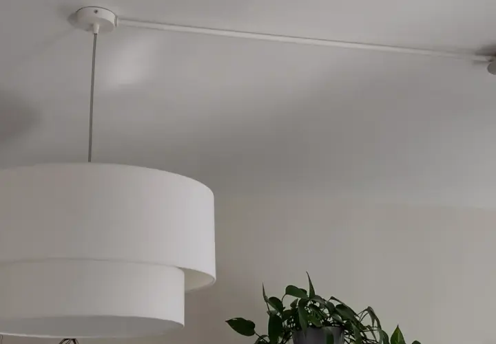 Lámpara de techo con un punto de luz desplazado, colgada de un riel blanco. Una planta verde asoma por la derecha.