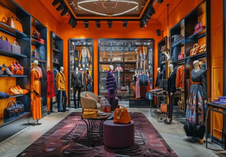 Elegancki butik z odzieżą, gdzie prezentowane są luksusowe francuskie marki odzieżowe. Wnętrze w intensywnym kolorze pomarańczowym, z półkami pełnymi torebek i butów.