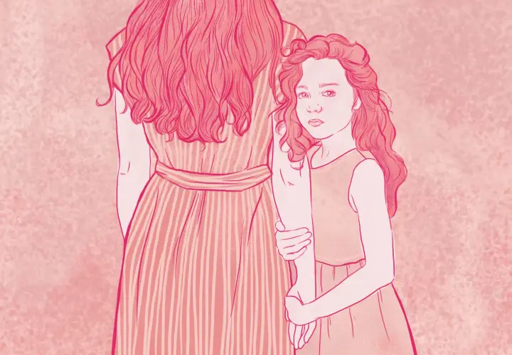 Bambina con sguardo intenso, stretta al braccio di una figura adulta. L'ombra di una madre narcisista anziana si proietta su di lei.