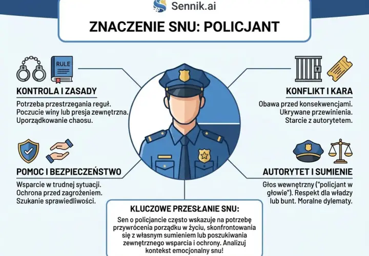 Sen o policjancie może oznaczać potrzebę kontroli, konfliktu, pomocy lub wewnętrznego sumienia. Analizuj kontekst snu, by zrozumieć, co oznacza sen o policji.