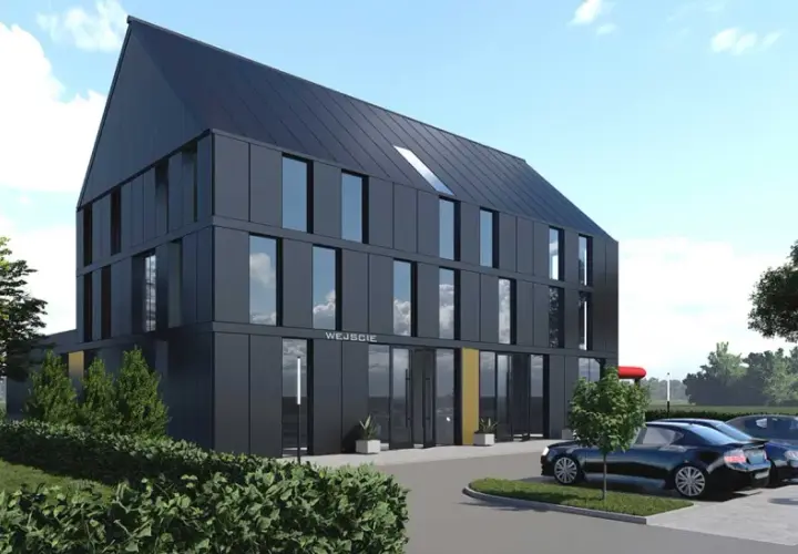 Nowoczesny projekt budynku mieszkalno usługowego z ciemną elewacją i dużymi oknami. Przed budynkiem parking z kilkoma samochodami.