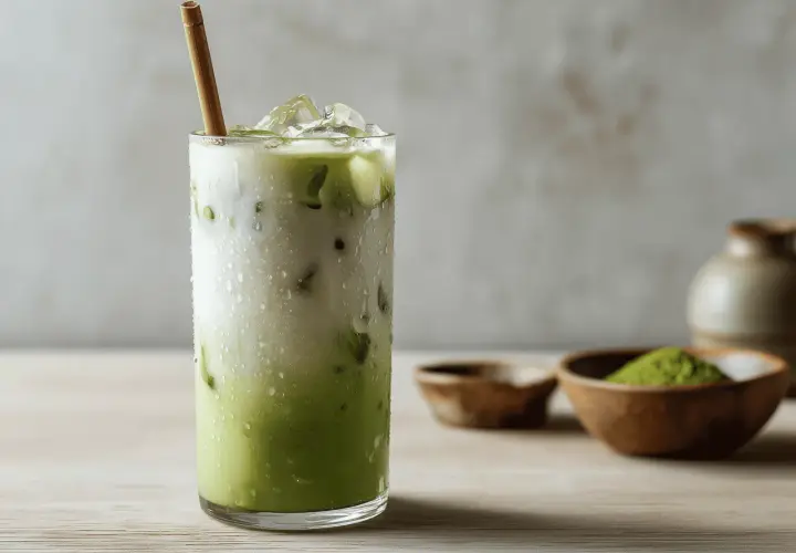 Erfrischender Eiskaffee mit Matcha und Hafermilch, garniert mit einem Bambusstrohhalm.