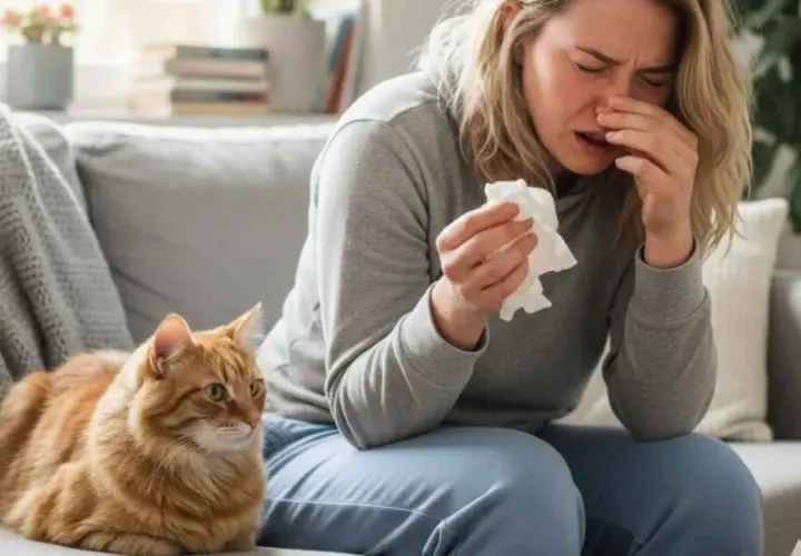 Mujer estornudando con un pañuelo, junto a un gato naranja. Necesita desinfectar la casa contra la alergia de gatos.