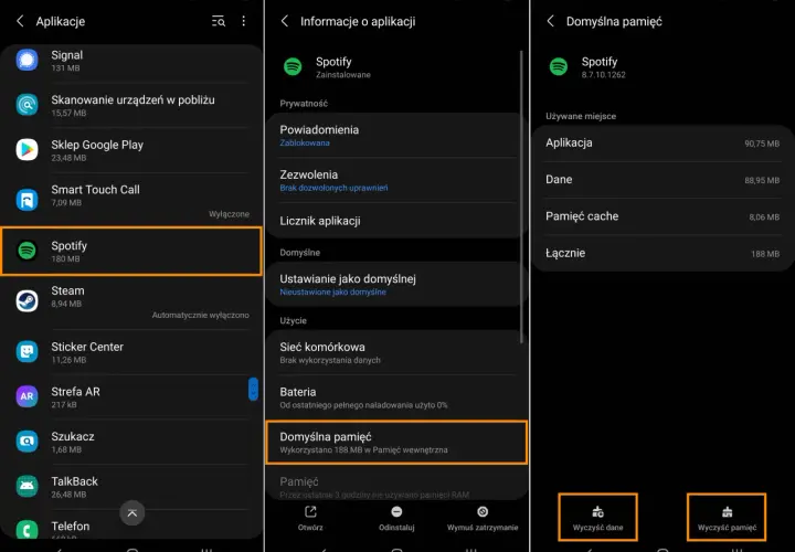 Spotify nie działa? Sprawdź ustawienia pamięci aplikacji. Wykorzystano 188 MB.