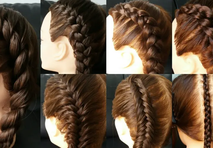 Varios estilos de trenza de raíz en cabello castaño, desde la nuca hasta la parte superior de la cabeza.