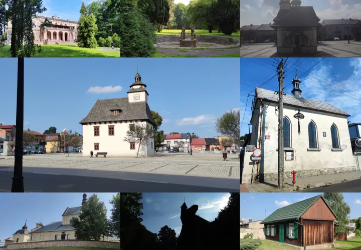 Urokliwe kadry z Pilicy: ratusz, kościół, park i domy tworzą malowniczy obraz tego miasta.